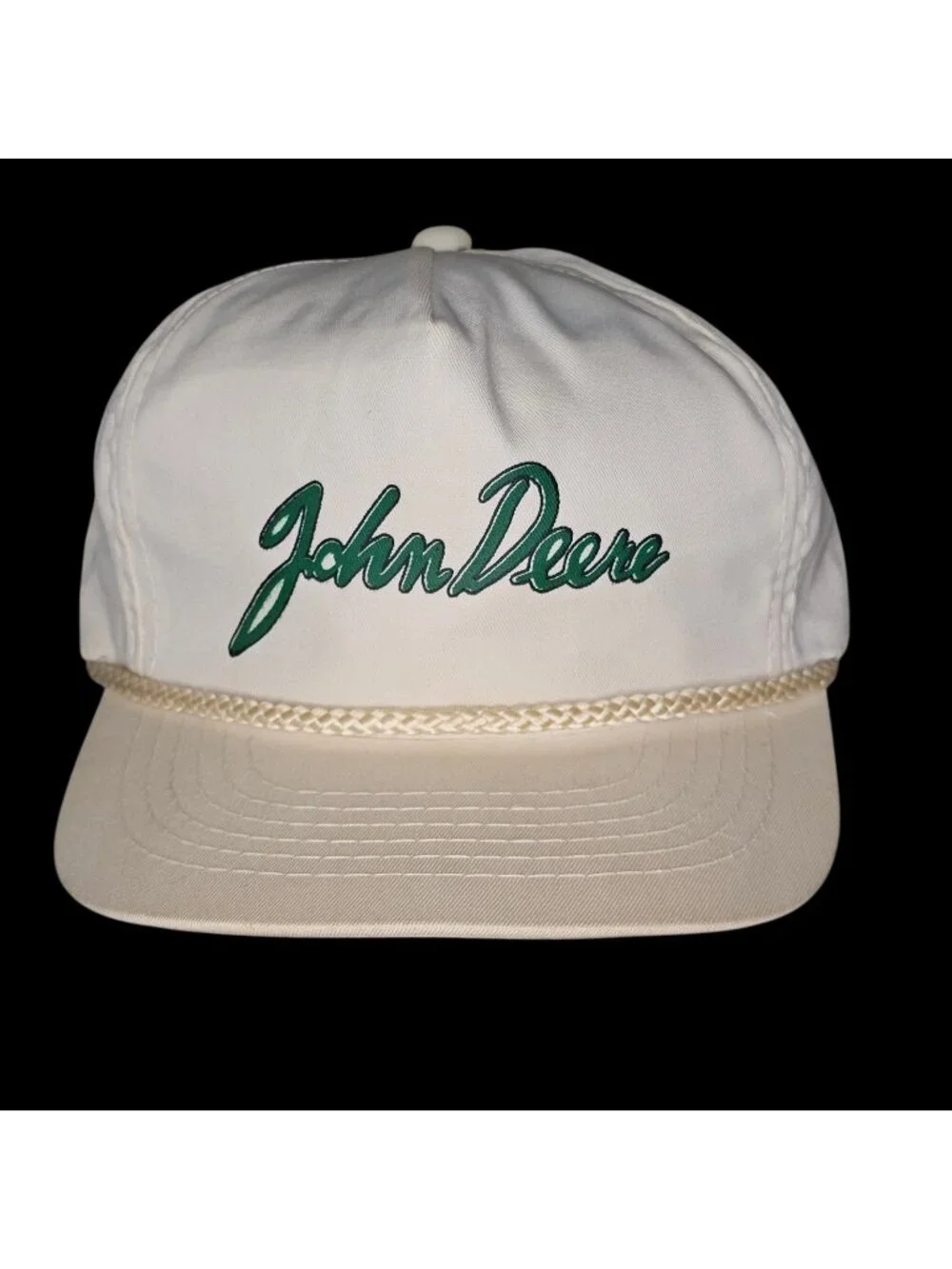 VTG‎ John Deere Ball Rope Hat Cap Adjustable Slide Cursive White 80s Youngan